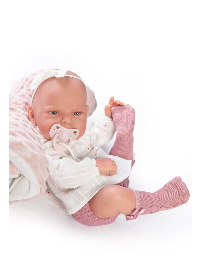 BAMBOLA NEONATA LEA CAMICIA BIANCA A FIORELLINI E CUSCINO IMBOTTITO - immagine 2